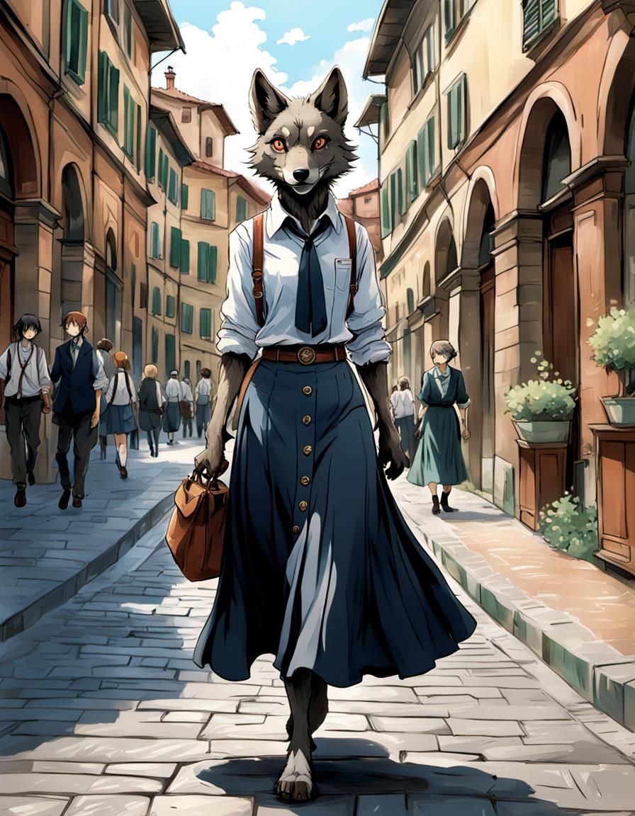 Wolf Girl Walking in Bologna in Art Nouveau Style