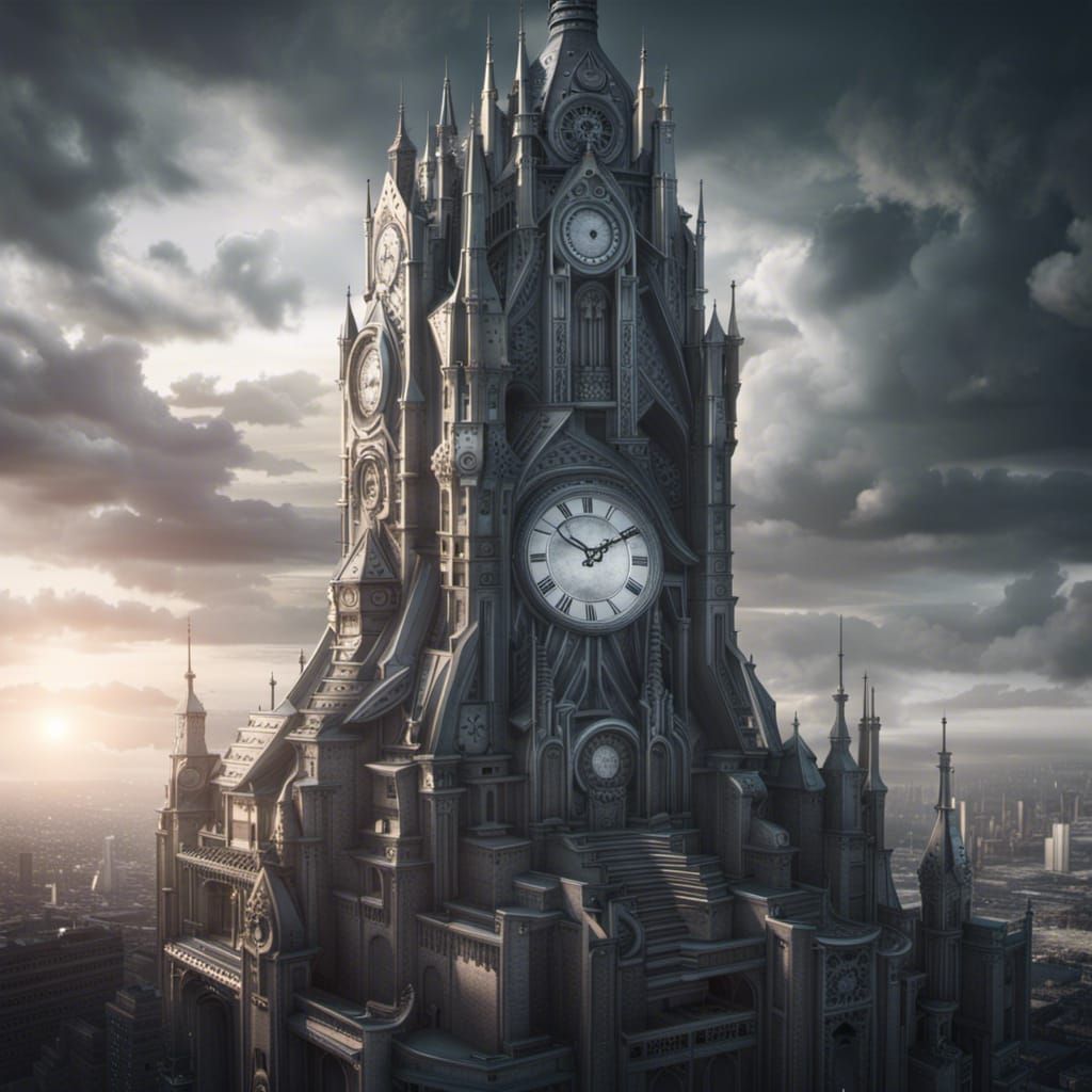 Futuristic Ancient Silver Clock Tower: Digital Matte Paintin...