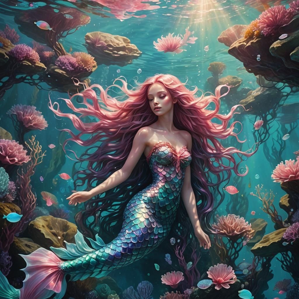 Pink Mermaid in Iridescent Ocean: Surreal Digital Art