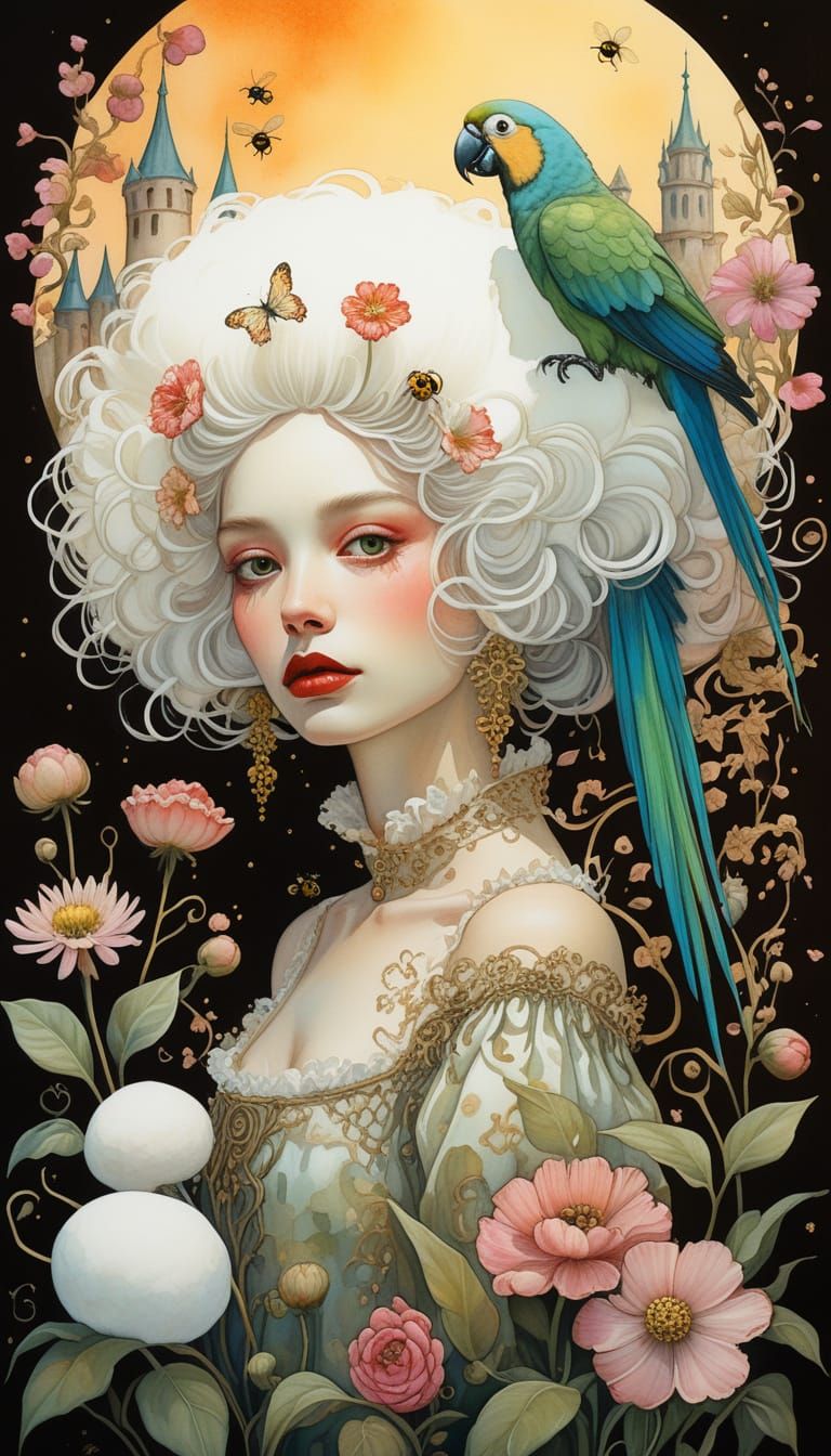 Rococo Lady with Cotton Ball Wig and Parrot