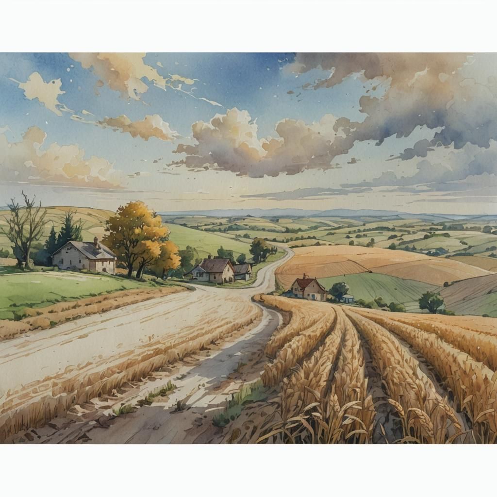 Watercolor Village Landscape with Wheat Fields