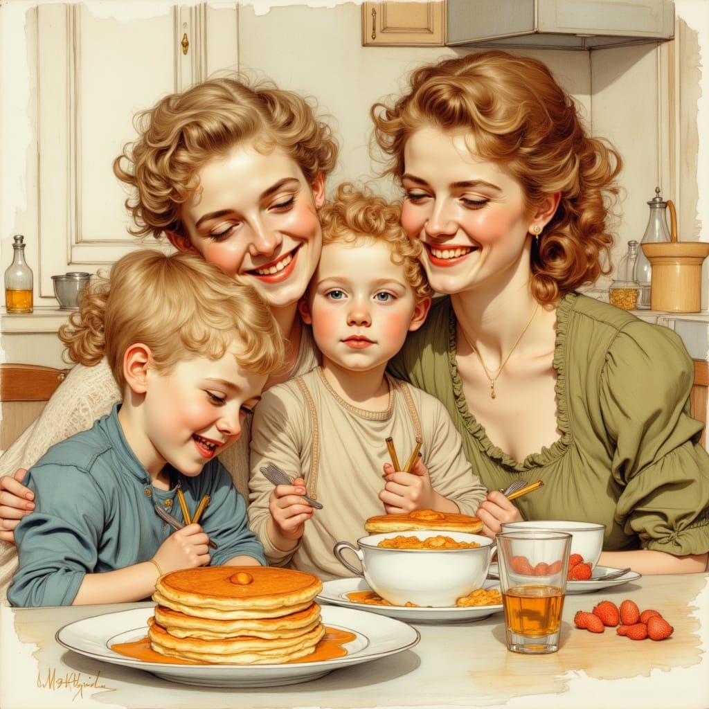 Cozy Pancake Breakfast with Loving Family in Watercolor Styl...