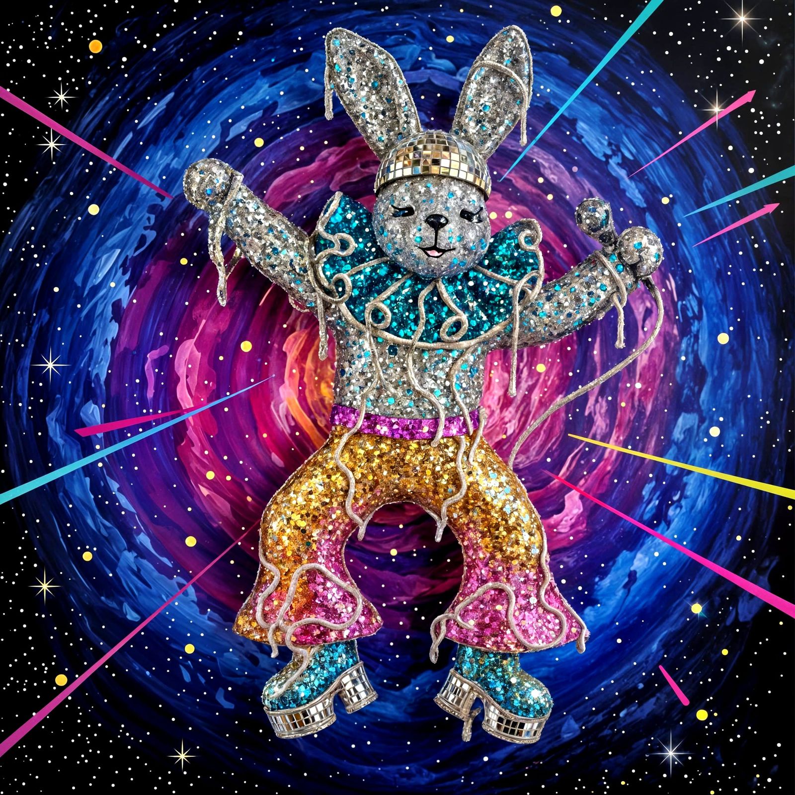 Groovy Space Disco Rabbit in Glitter and Glue Craft Art