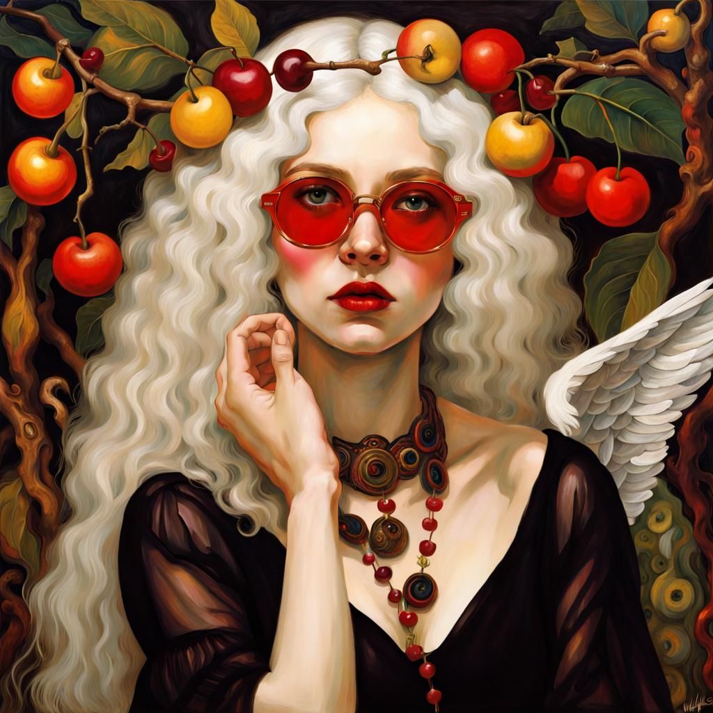 Glamorous White-Haired Woman in Maximalist Digital Art