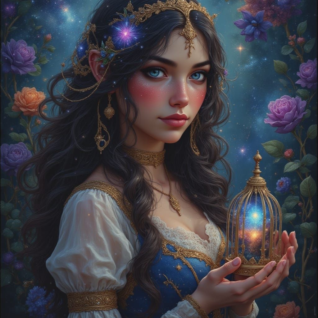 Woman with Star Hair in Enchanted Garden, Gouache Painting S...