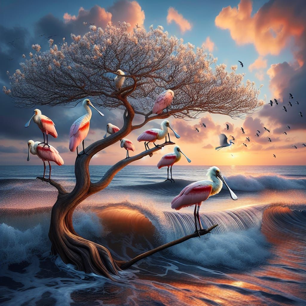 Roseate Spoonbills Amidst Sunset Ocean Scene