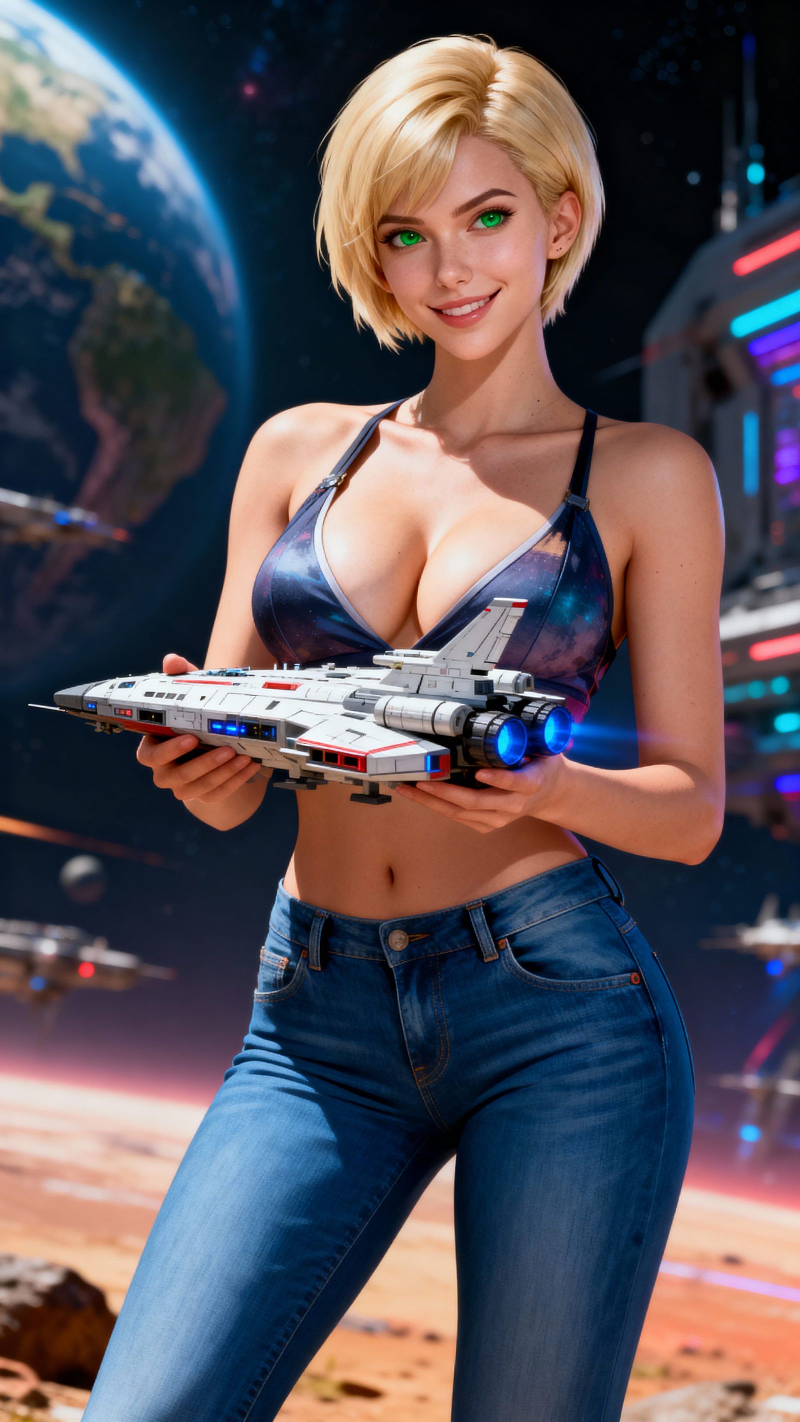Beautiful Woman Holds Spaceship Model, Photorealistic Sci-Fi