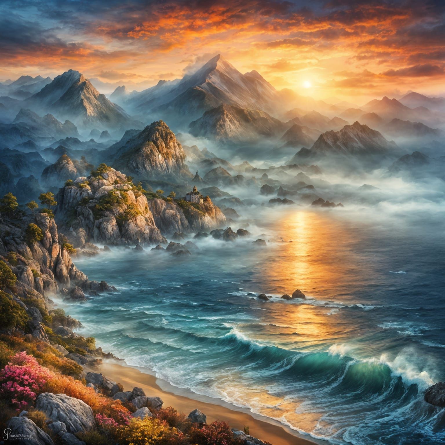 Romantic Ocean Sunset in Renaissance Oil Painting Style