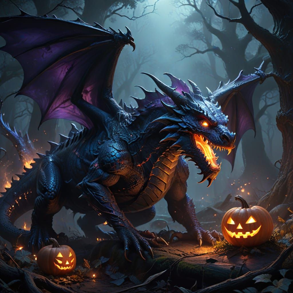 Majestic Halloween Dragon in Dark Fantasy Forest