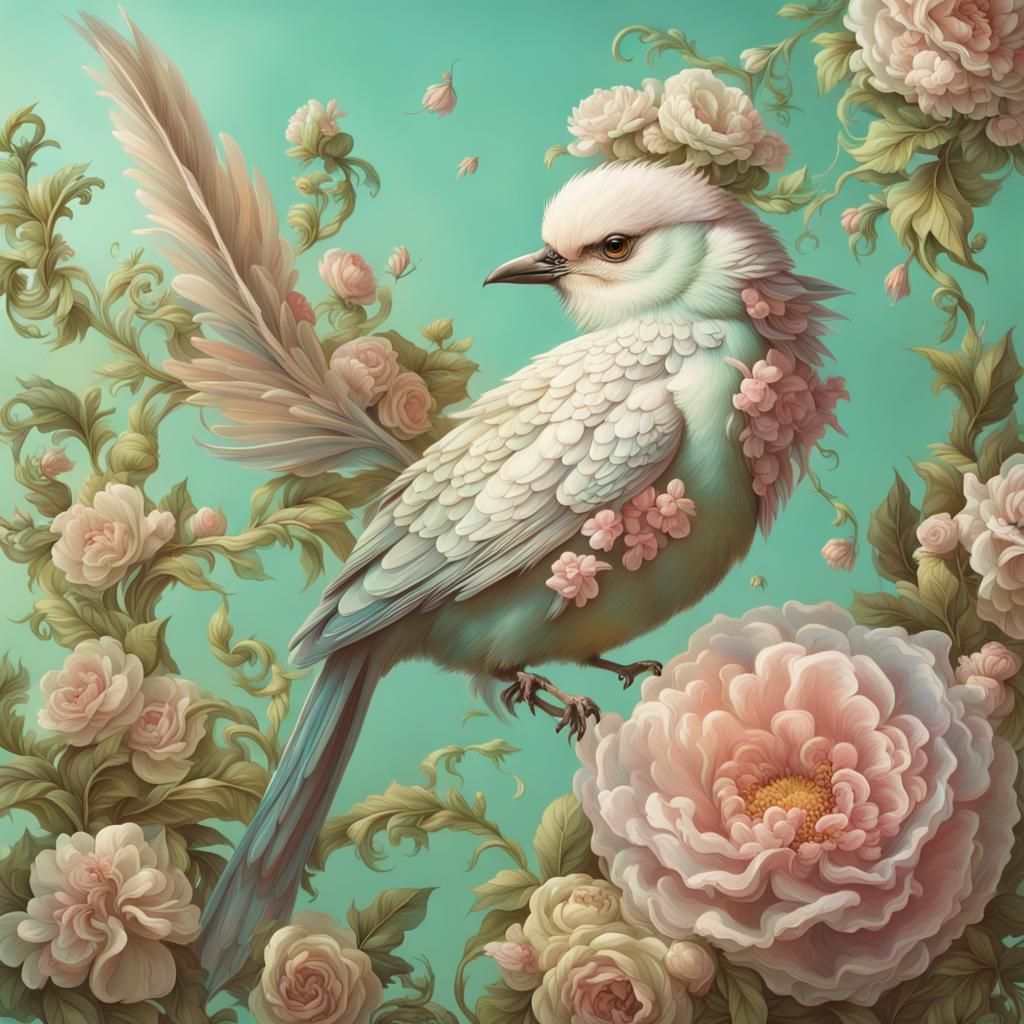 Dreamy Rococo Fantasy with Birds and Flowers