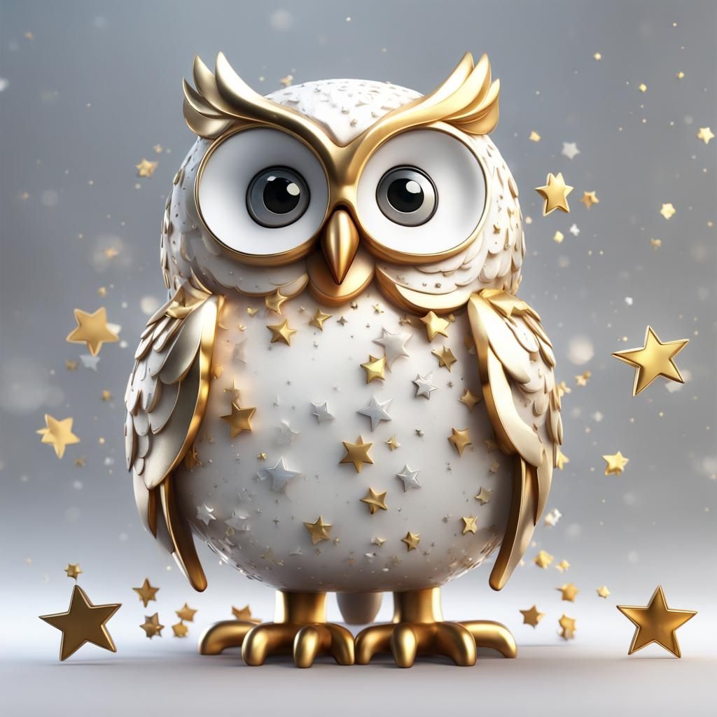 white, gold and silver stars background, 3d typography 3D nursery art, digital art, happy baby owl with Dreamy Eyes,