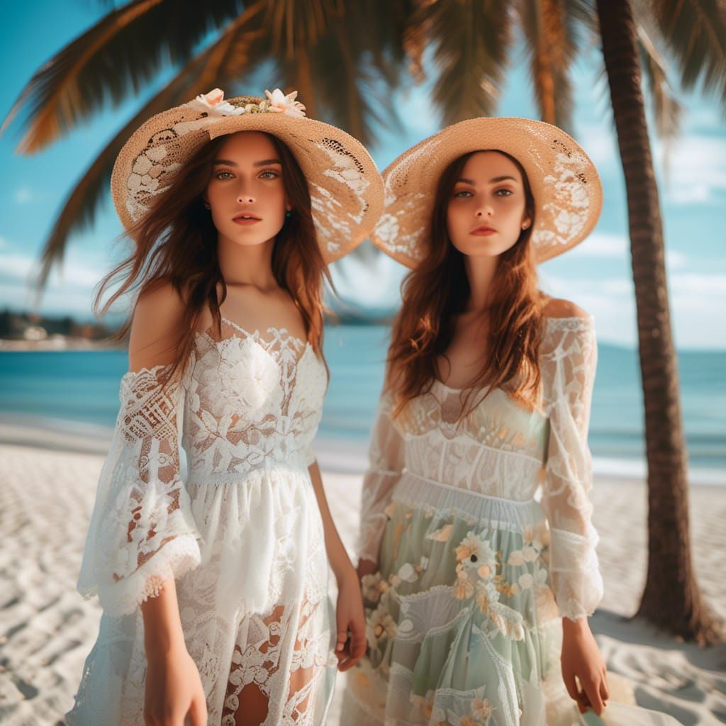 Women in Lace Dresses Walking on Azure Beach