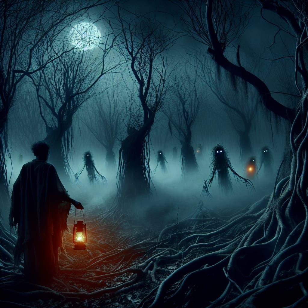Eerie Forest Scene with Shadowy Figures