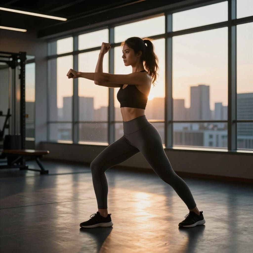 Athletic Woman Stretching in Gym at Dusk