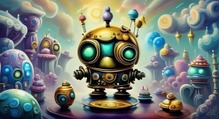 Whimsical Robot Portrait in a Pastel Dreamscape