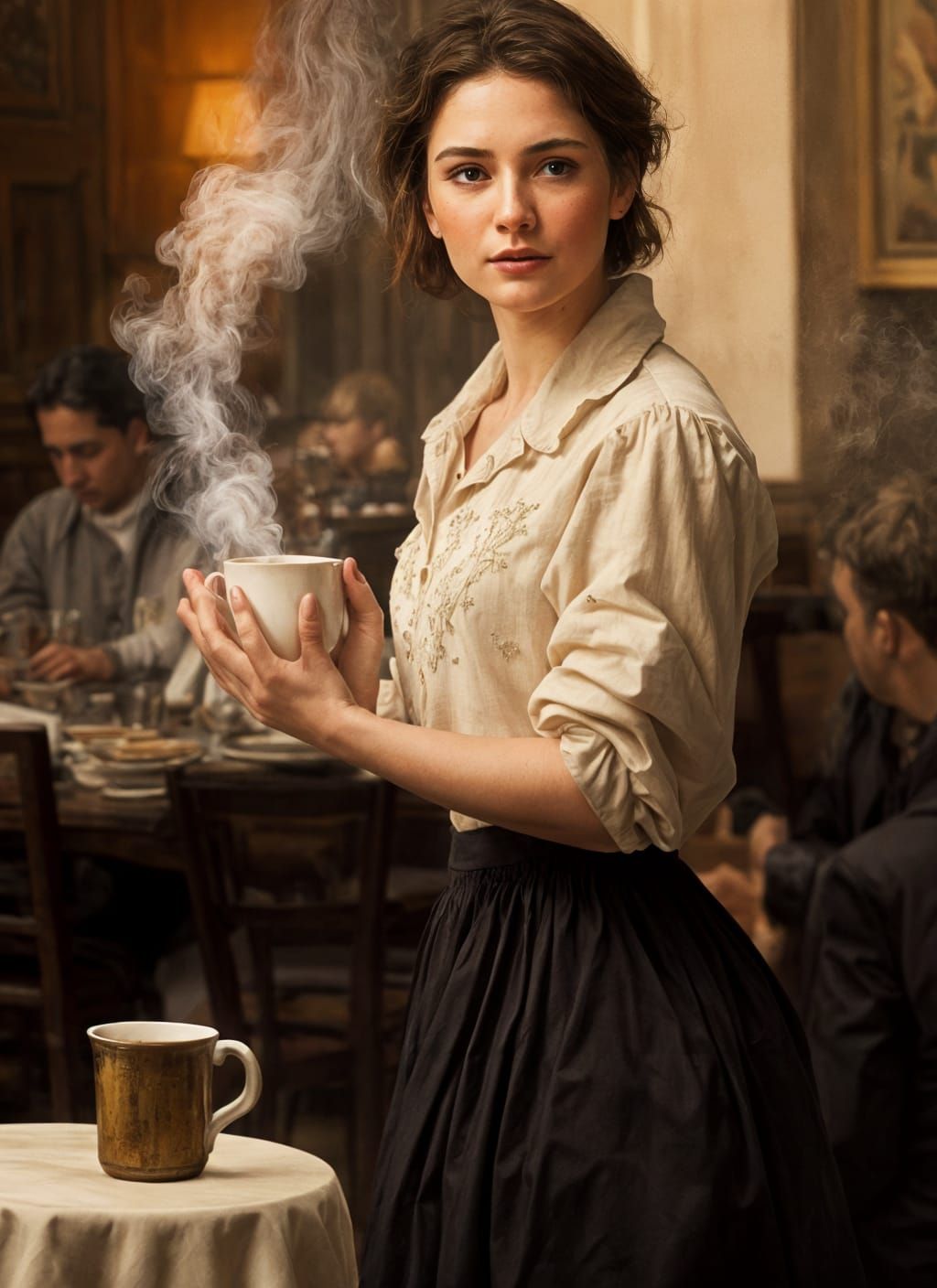 Beautiful Woman in Cafe: Photorealistic Masterpiece