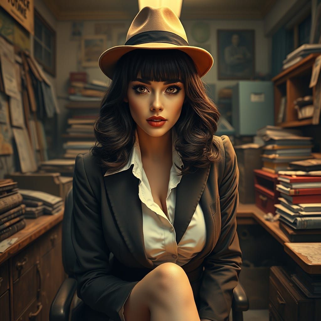 Futuristic 1950s Detective Agency Secretary in Elegant Skirt...