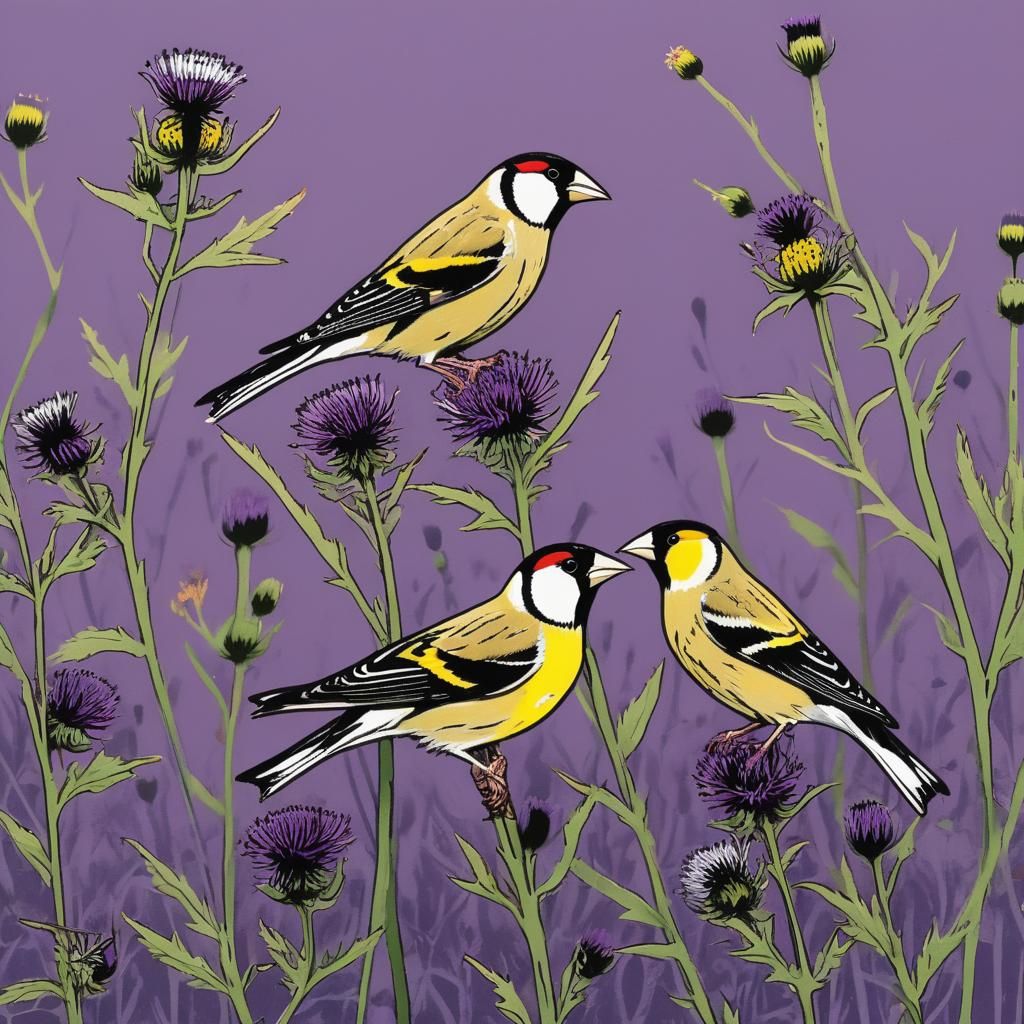 Goldfinches on Thistles: Black Lino-Print Art