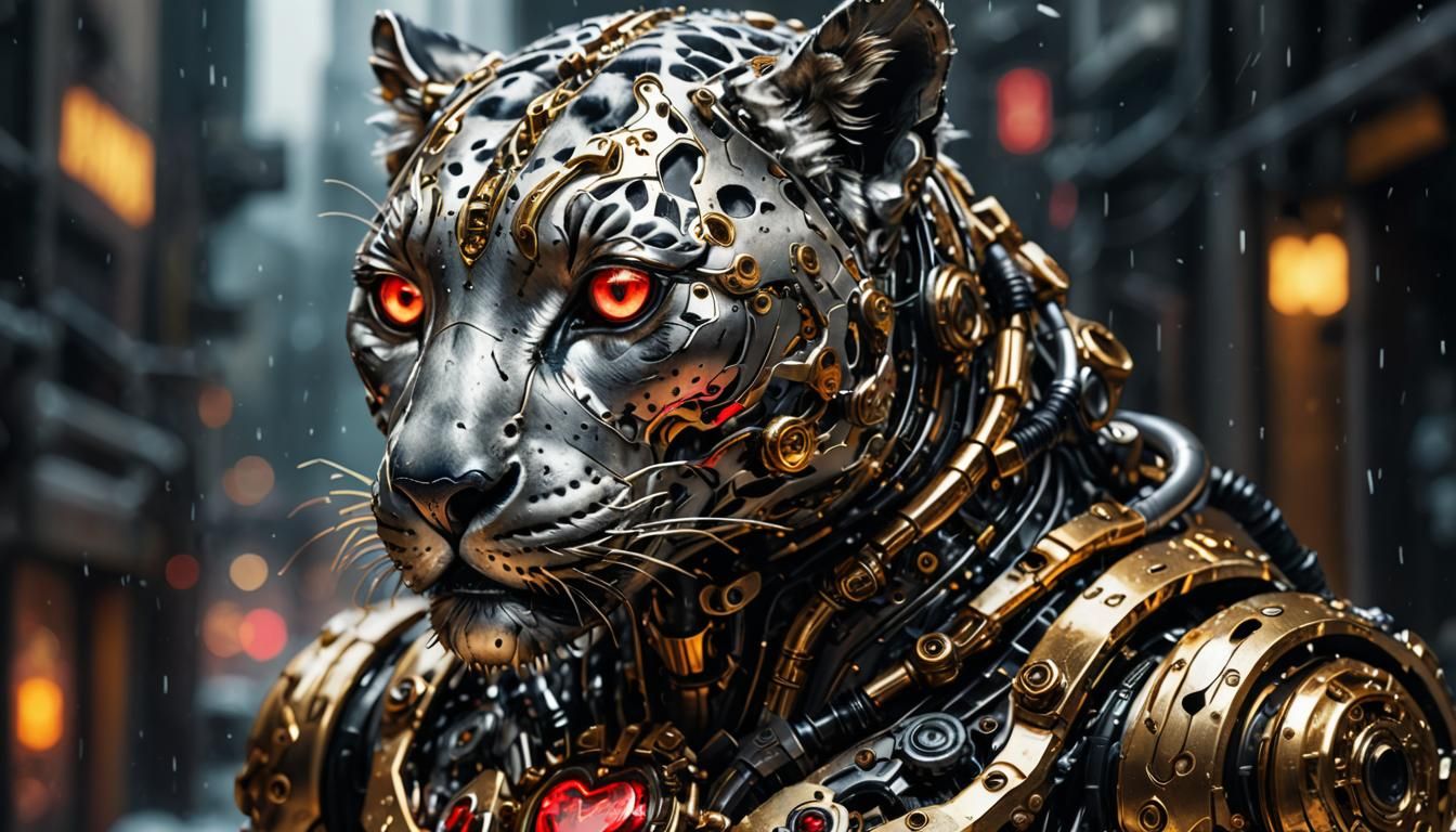 Snow Leopard Cyborg with Mechanical Heart in Cyberpunk Style