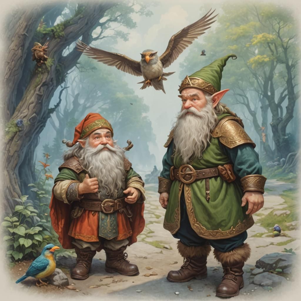 dwarf with crossed hands on path and elf near dwarf and bird...