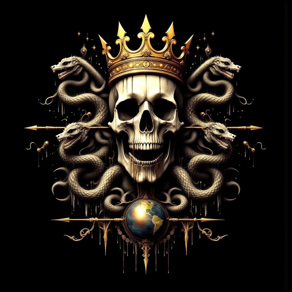 Crowned Skull Emblem with Serpents in Gothic Style