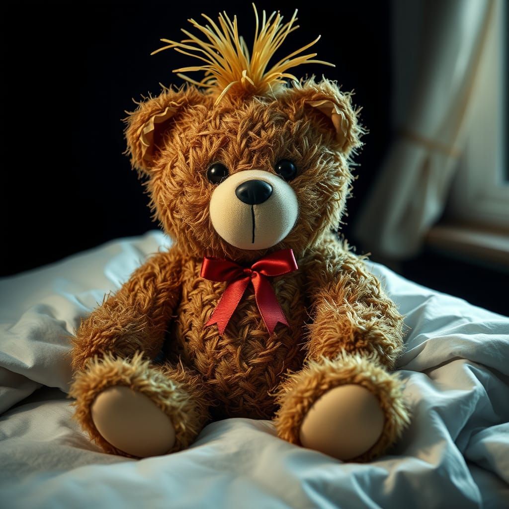 A teddy bear sitting in bed. graphite, straw, inky, clear, pure, precise, great structure, weighty palate, brilliant aci...