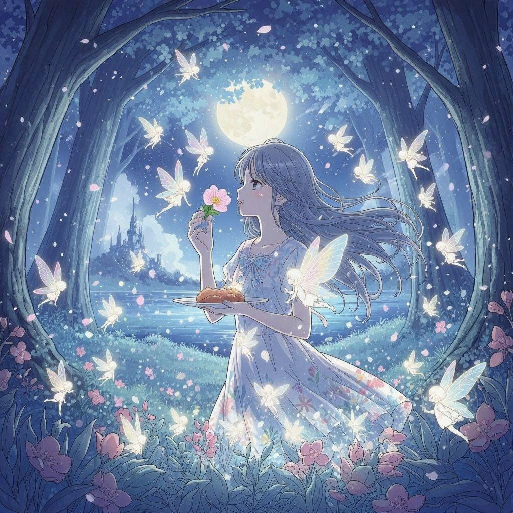 Anime Meadow Scene with Flower Food and Fairies