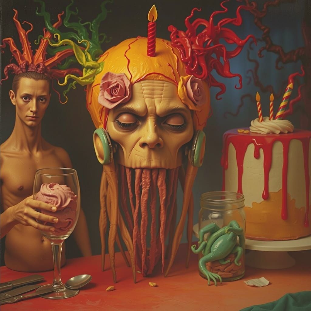Surreal Birthday Cake Monster Conjured with Dark Magic
