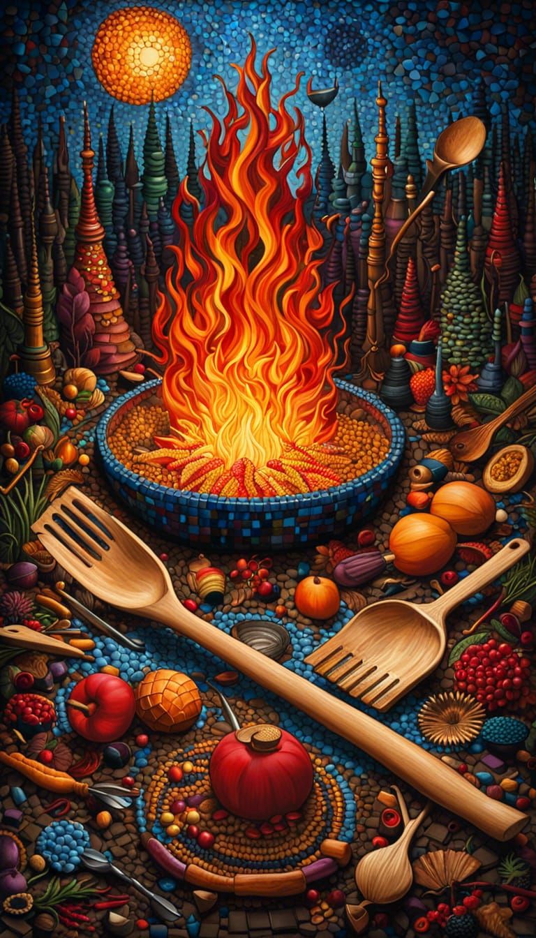 Kitchen Utensil Bonfire: Sustainable Mosaic Art