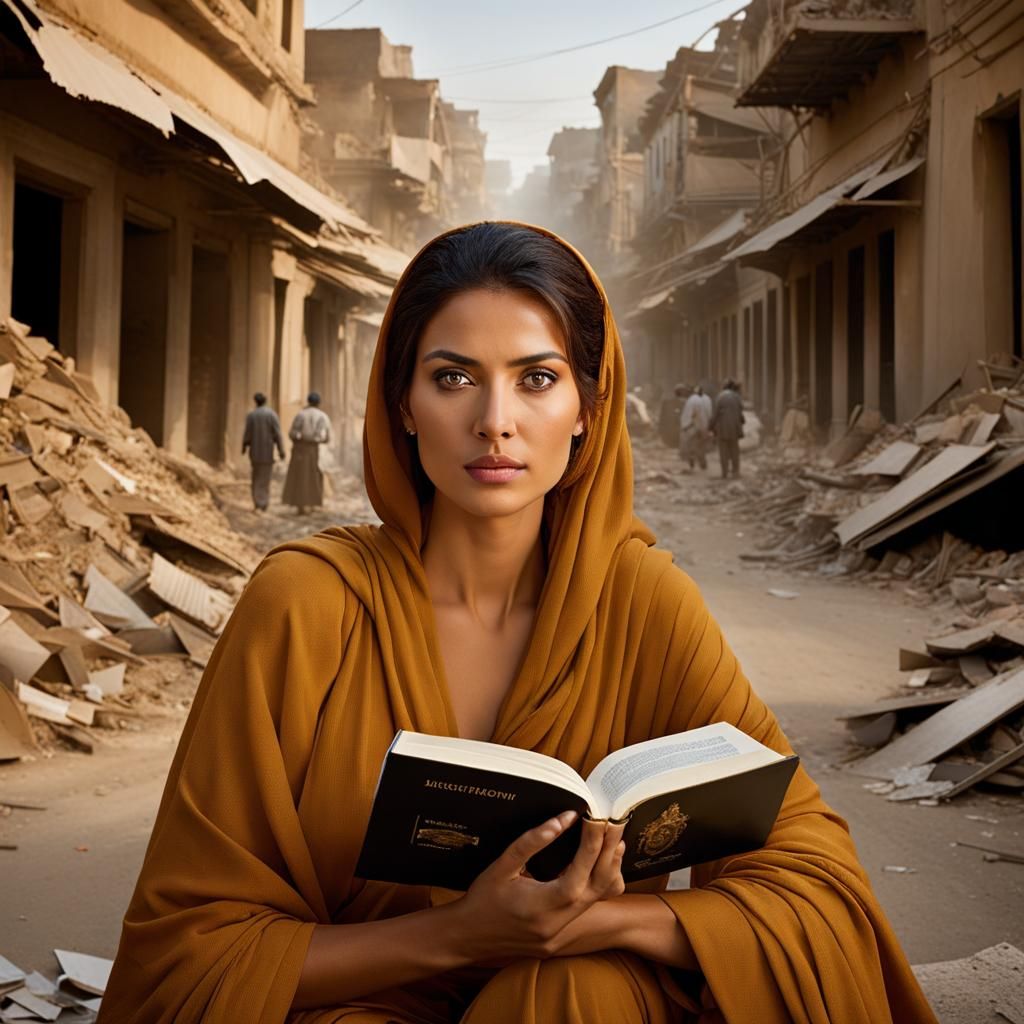 Beautiful Woman Reading Book in War-Torn City