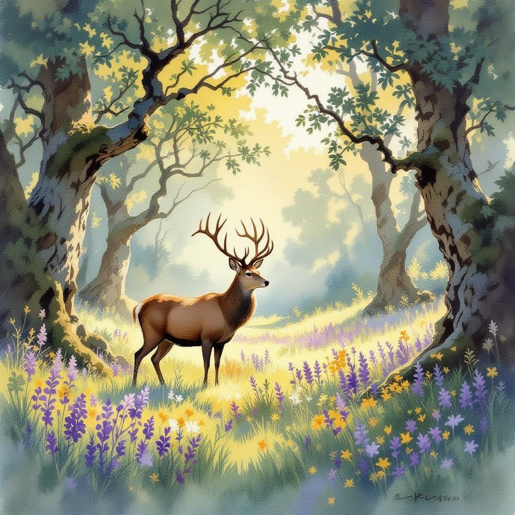 Majestic Stag in Sun-Dappled Forest Clearing