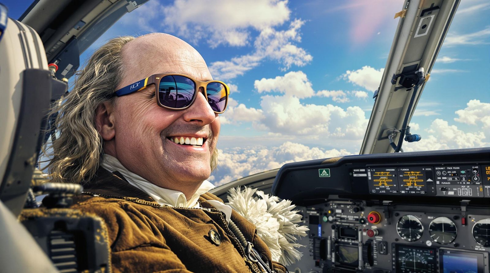 Benjamin Franklin in Sunglasses Soars Through the Skies
