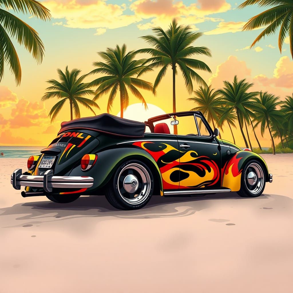 VW Beetle Lowrider on Tropical Beach at Sunset