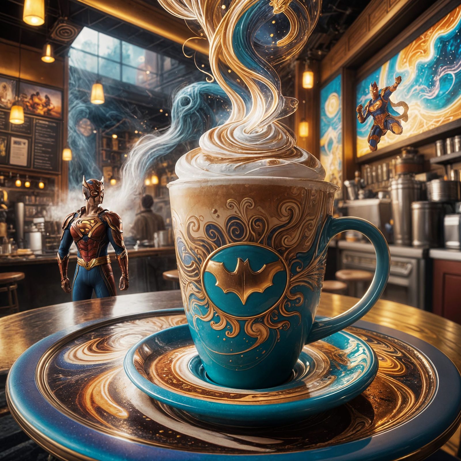 Superhero Latte Art in 3D Digital Style