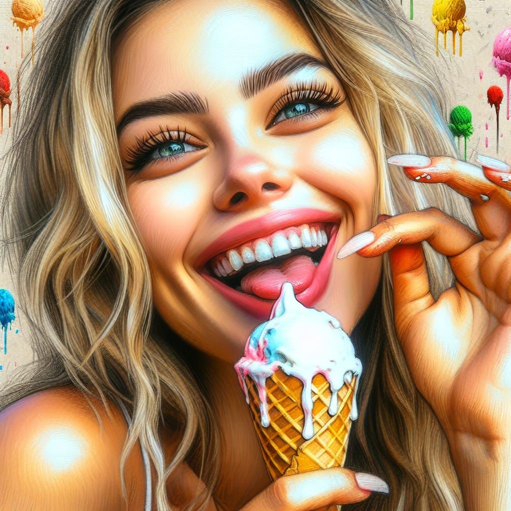 Joyful Blonde Woman with Melting Ice Cream Cone