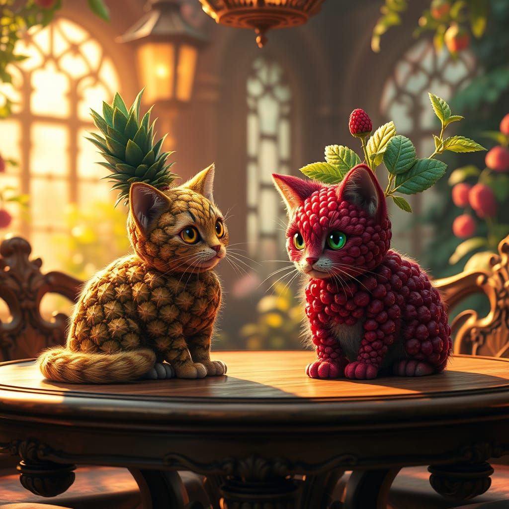 Magical Feline Fruit Transformations in a Whimsical Garden