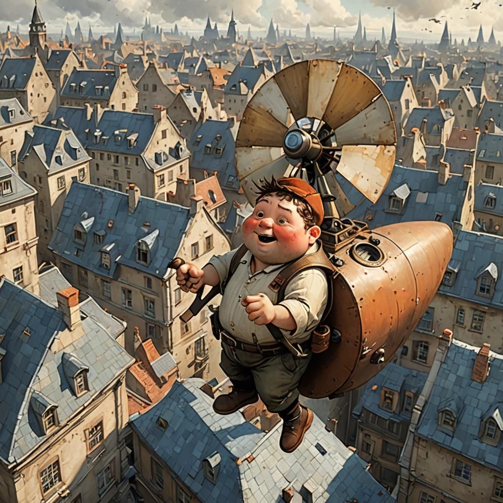 Flying Boy Over City Rooftops in Comic Style