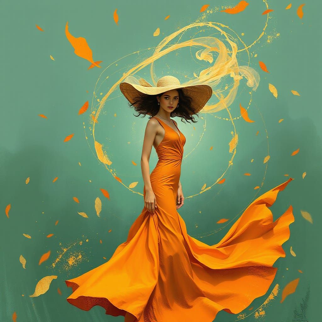 Whirling Woman in Tangerine Dress, Expressive Art
