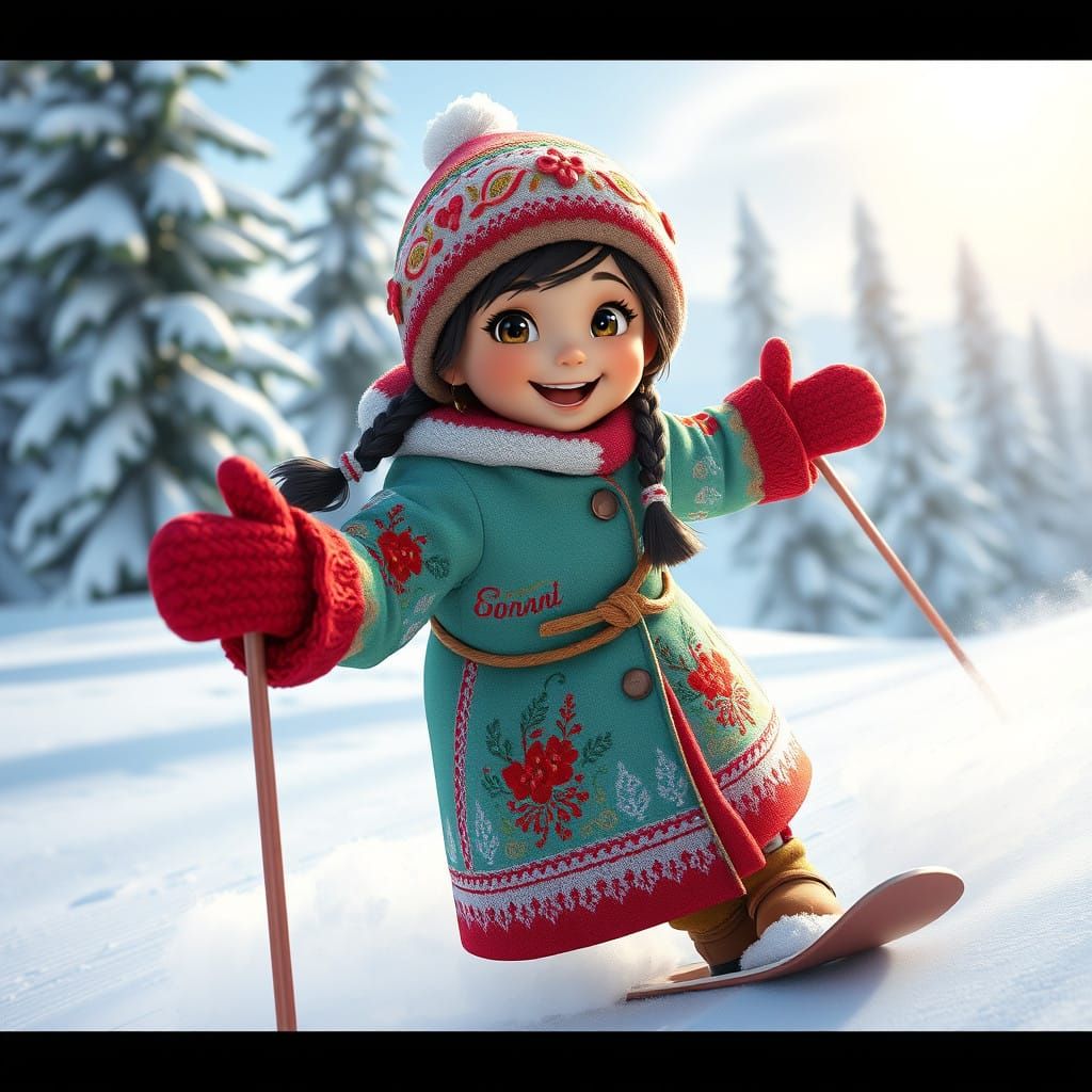 Young Ukrainian Skier in Vibrant Winter Coat, Skiing Down Sn...