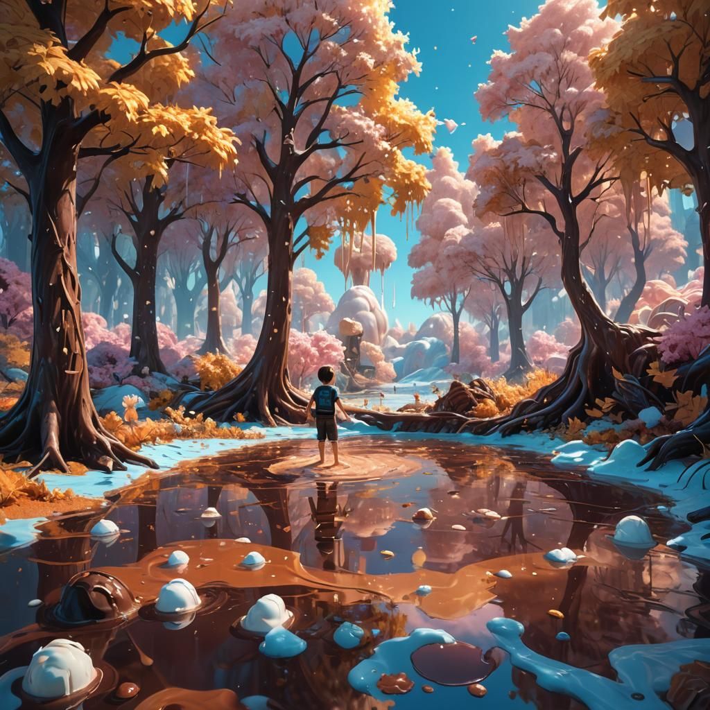 Child Swims in Chocolate Lake Surrounded by Ice Cream Trees
