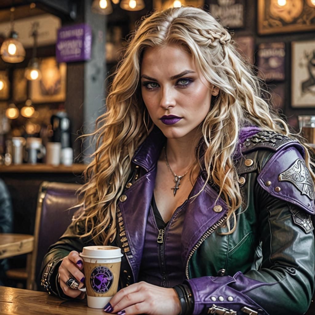 Valkyrie in Cafe with Viking Features and Biker Outfit