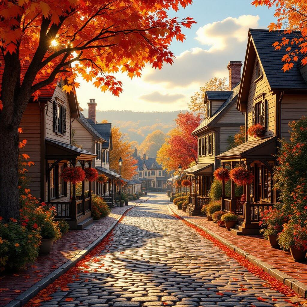 Sunny October Town with Fall Foliage