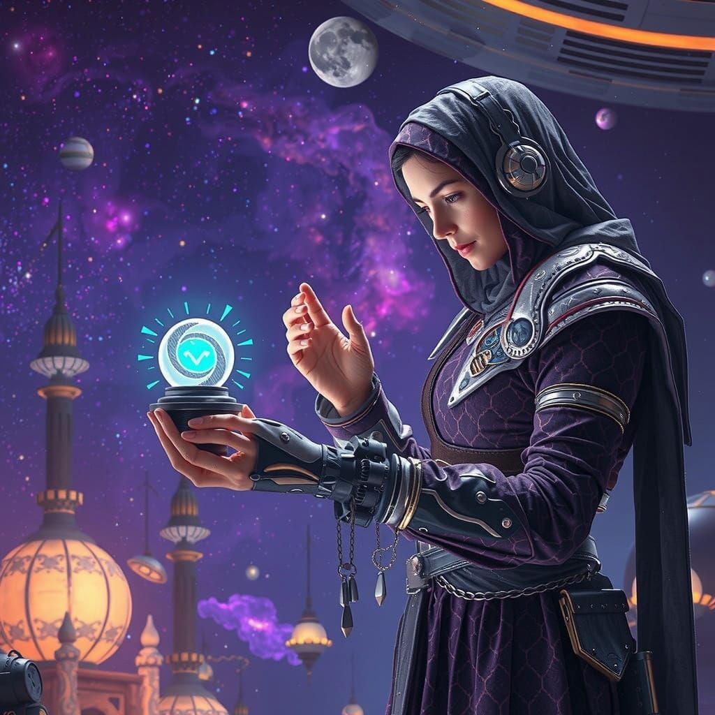 Intergalactic Trader at Floating Bazaar in Zero Gravity