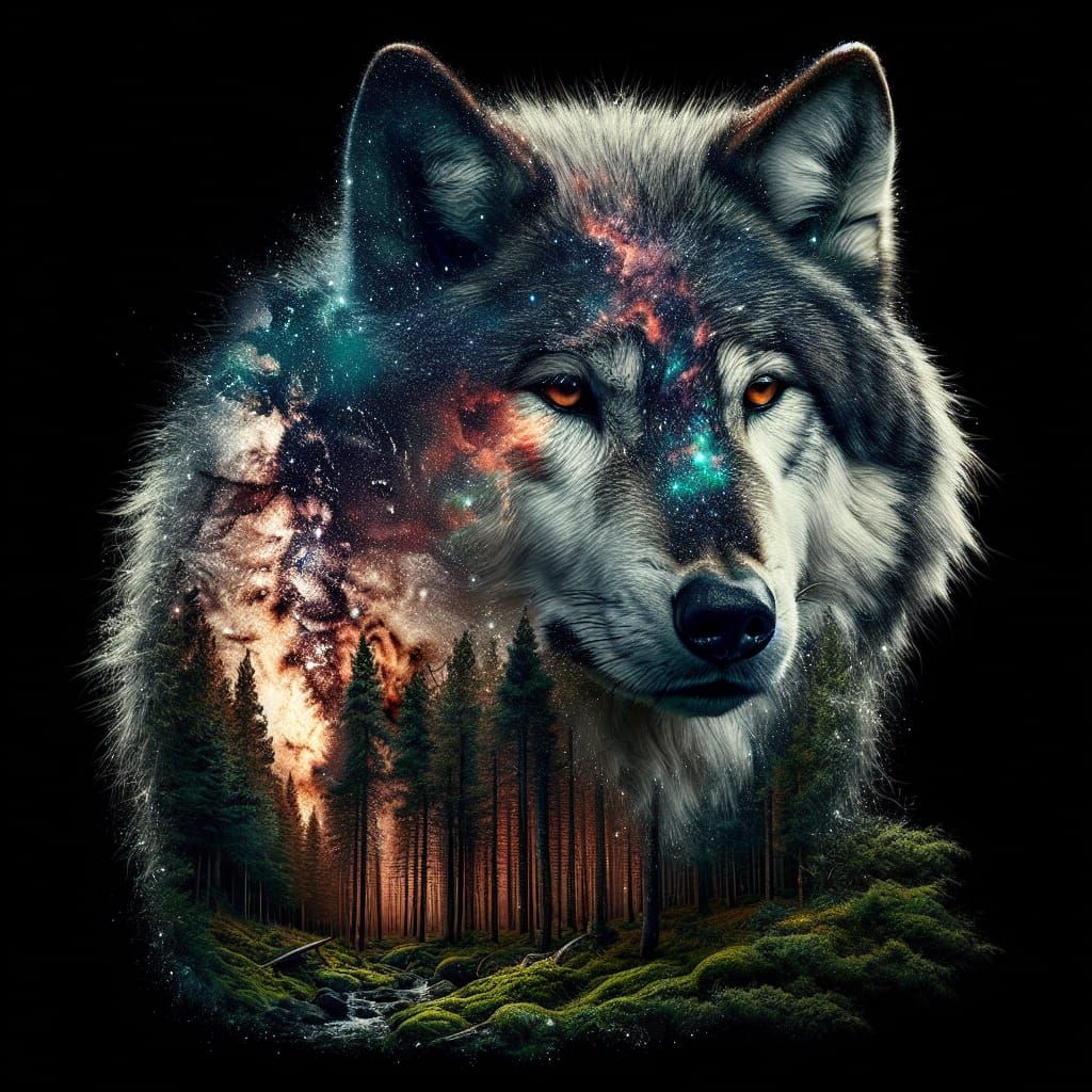 Wolf Double Exposure with Forest and Nebulae