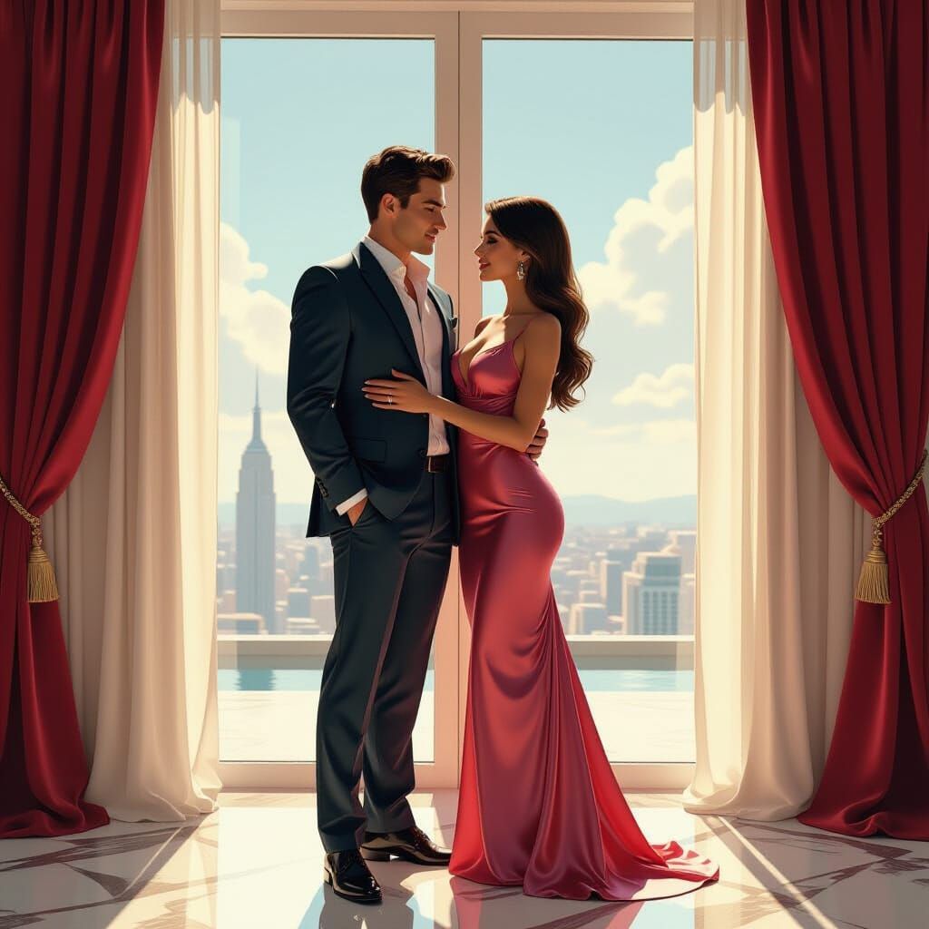 Intimate Penthouse Moment in Sci-Fi Cartoon Style