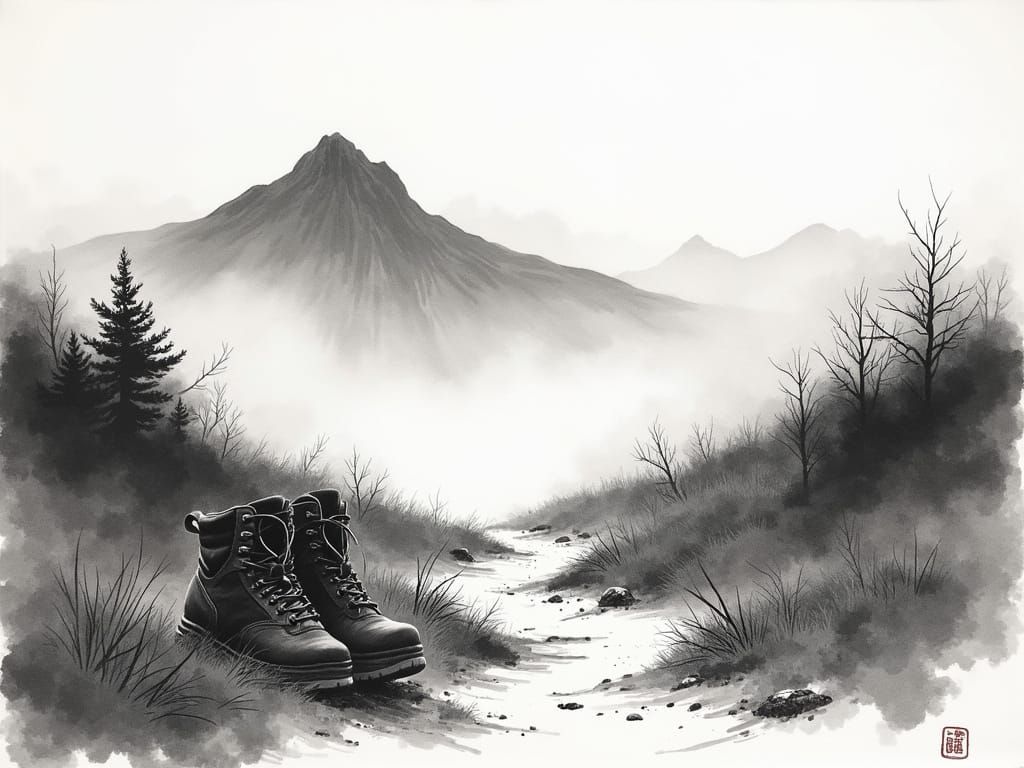 Mountain Trail Fades into Mist in Japanese Sumi-e Ink Style