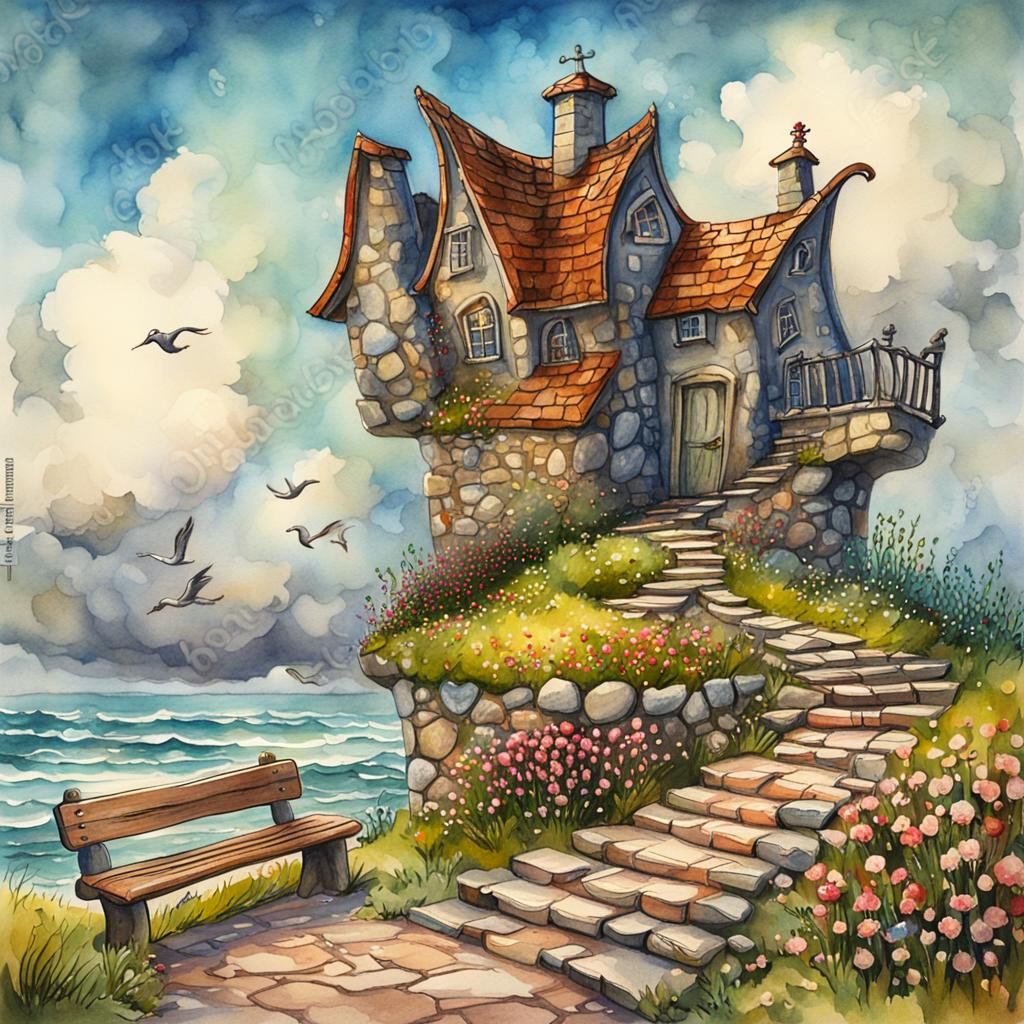 Whimsical Storybook Cottage Watercolor Painting