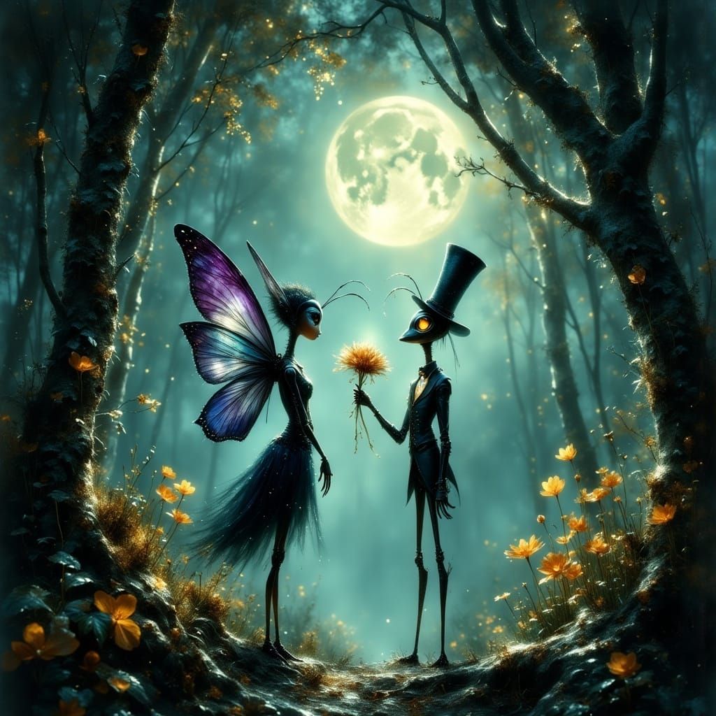 Butterfly and Gothic Ant in Moonlit Forest