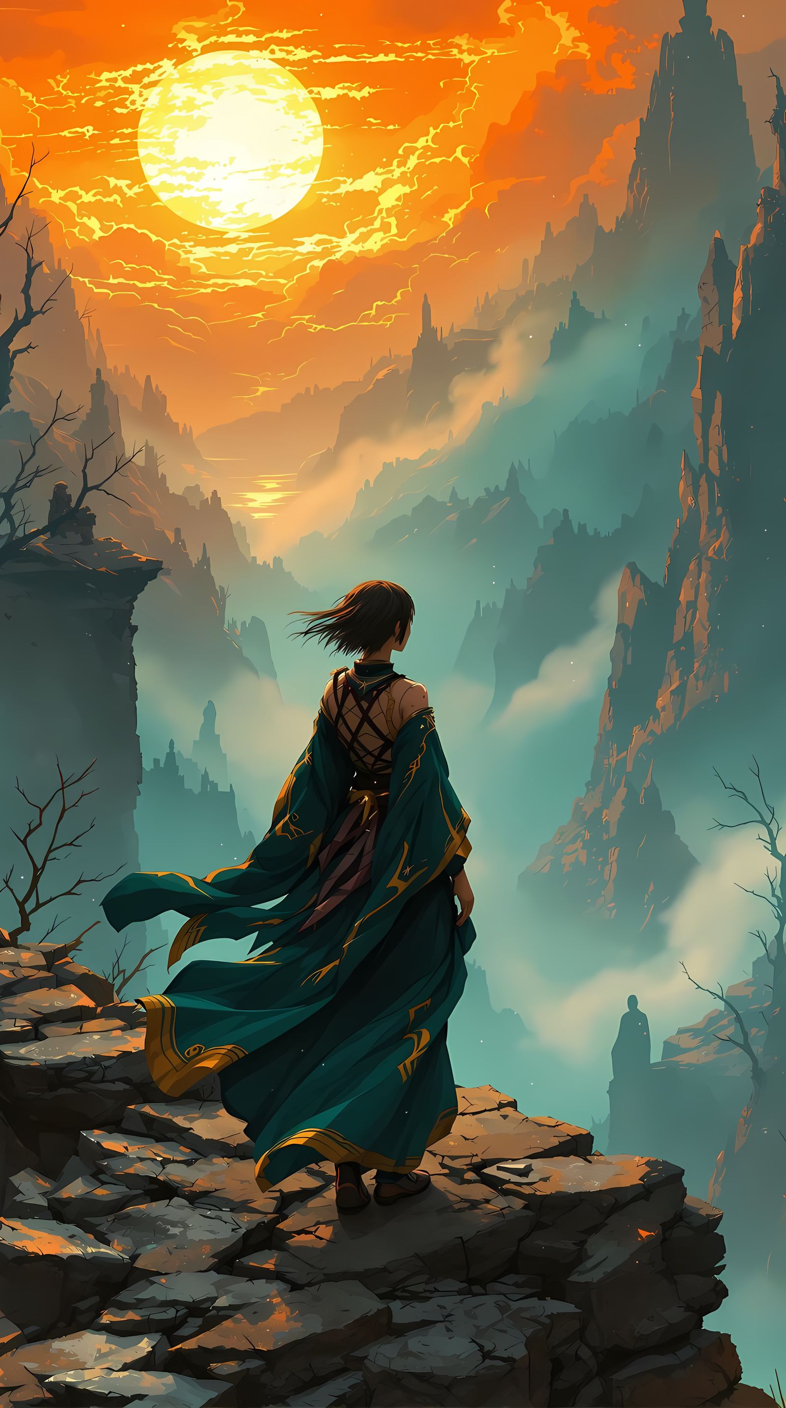 A Lone Ronin Stands Resolute Amidst a Ruined Fantasy Landsca...