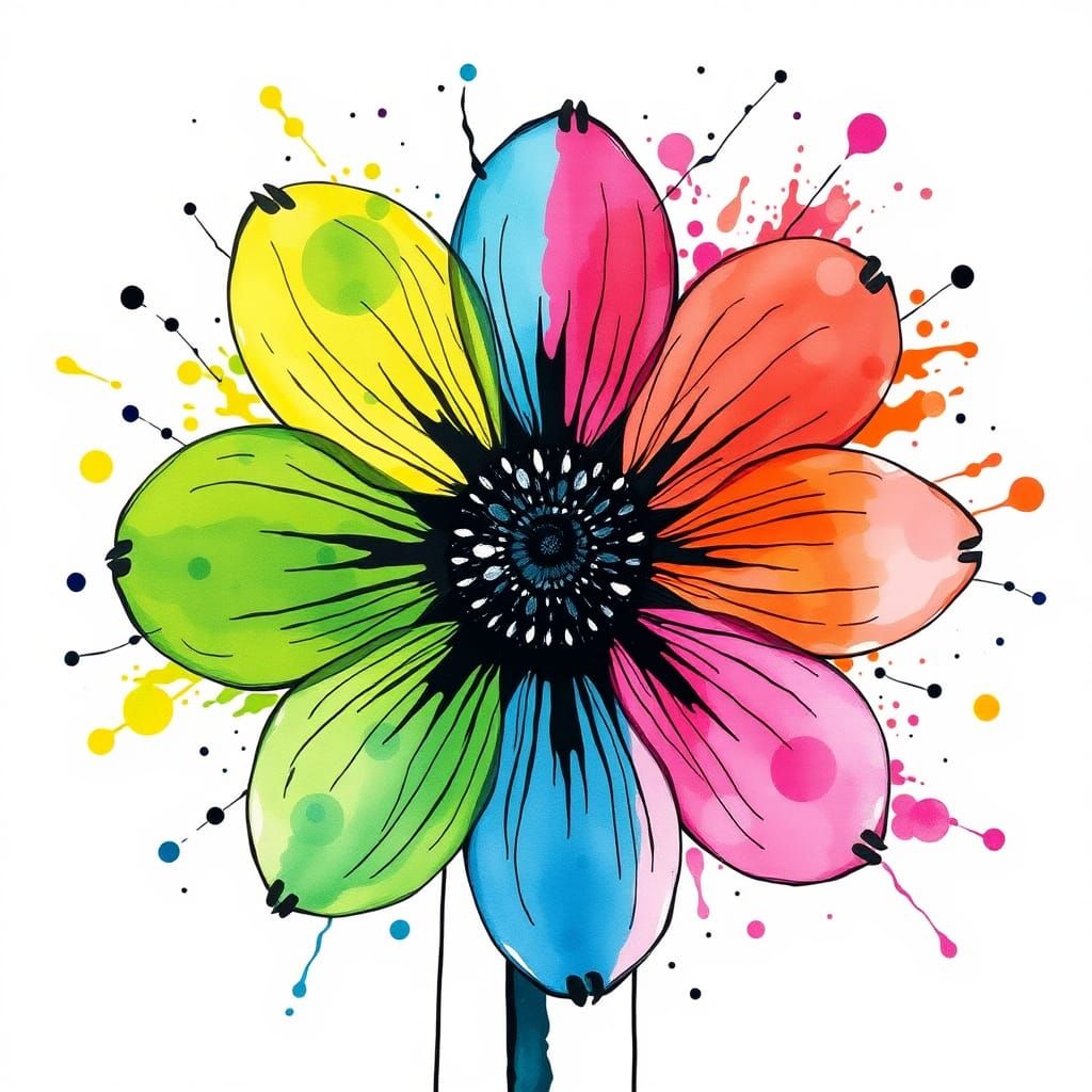 Ink Splatter Flower Painting in Split-Complementary Colors